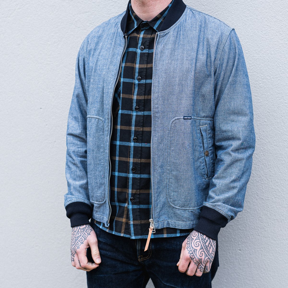 Iron Heart 6.8oz Selvedge Chambray Bomber Jacket - Indigo